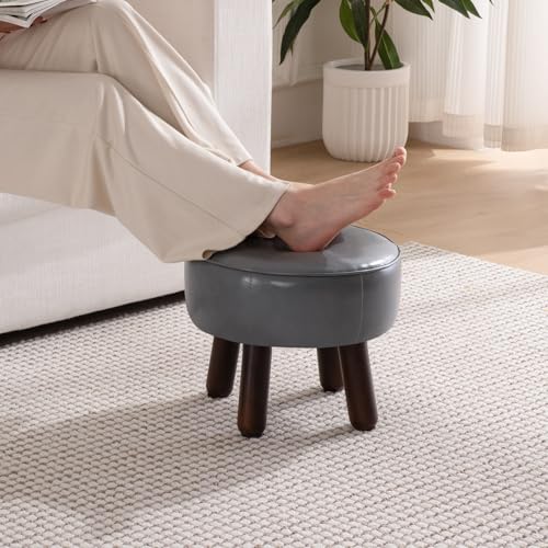 Round Leather Pouf Ottoman Footstool