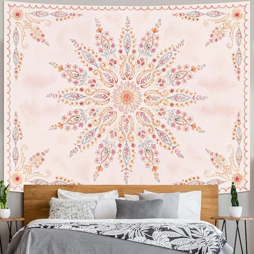 Boho Floral Mandala Tapestry for Bedroom Aesthetic Pink Bohemian Flower Wall Tapestry Watercolor Hippie Indian Large Tapestries Wall Hanging for Living Room Dorm Decor 80 x 60 Inch