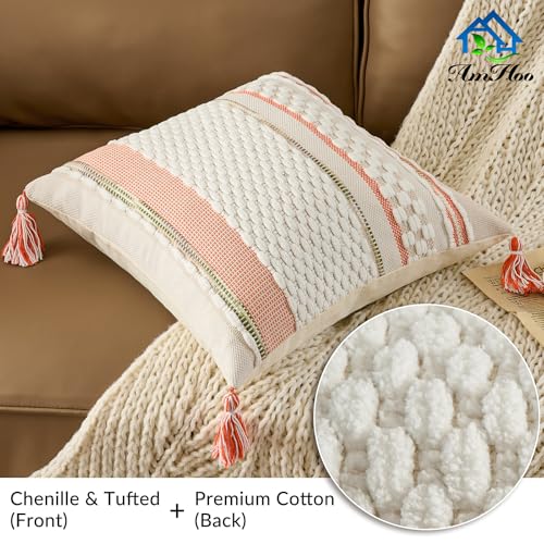 Set of 2 Chenille Striped Textured Boho Throw Pillow Covers Aesthetic with Tassels Woven Decorative Pillow Case for Couch Bed Sofa Bedroom Modern Funky 18 x 18 (2 Count)