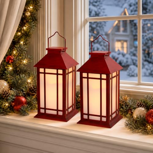 13 Inch Christmas Outdoor Decorative Lanterns with Candle Timer 2 Pack