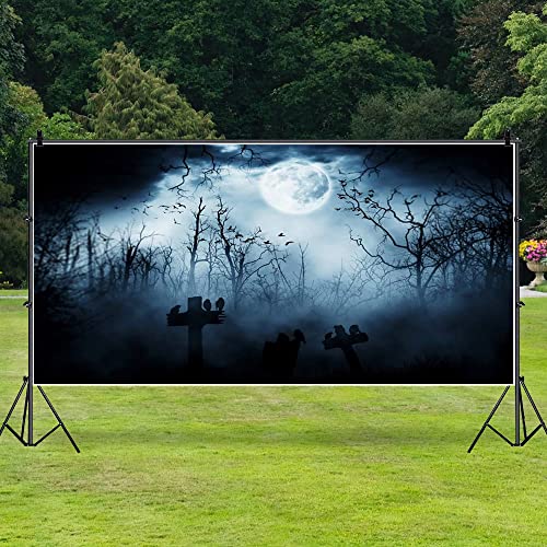 15x8ft Spooky Halloween Graveyard Backdrop Foggy Full Moon Horror Scene