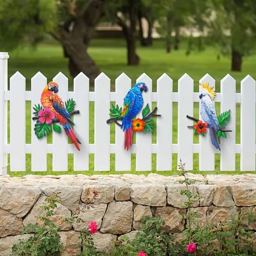 Metal Parrots Wall Art Decor Outdoor Decorations for Yard Garden Decor (3 Count)