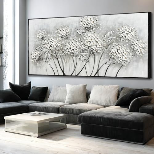Grey and White Hand Painted Wall Art Flower Canvas Artwork Contemporary Oil Paintings 40"x86" Decorations for Bedroom Office