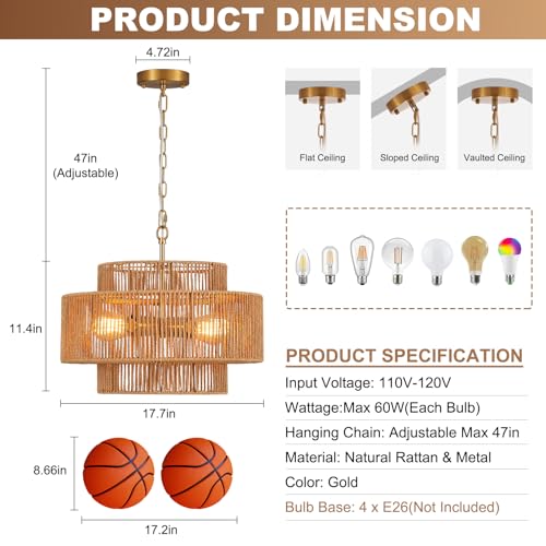 17.7" Gold Rattan Chandelier