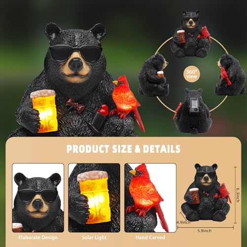 Solar Black Bear Statue for Garden with Beer and Cardinals