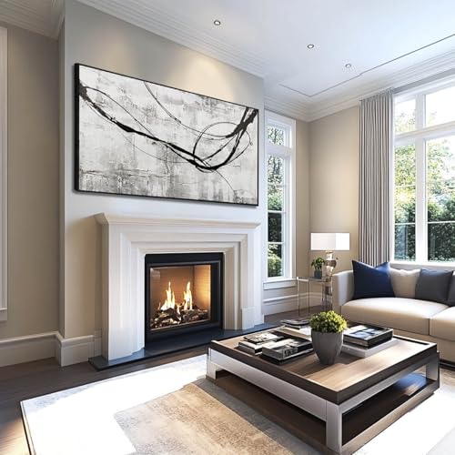 Black Line Canvas Pictures Gray Decorative Painting 29"x58" Wood Wall Art Modern Art Prints Abstract Wall Art for Living Room Wall Pictures for Bedroom