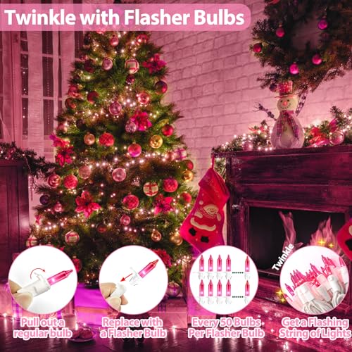 Pink Christmas Lights 25FT 100 Incandescent Bulbs