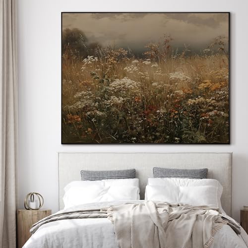 36"x46" Extra Large Framed Wall Art Autumn Meadow Landscape Rustic Brown and Golden Field Illustration for Home Living Room Bedroom Decor