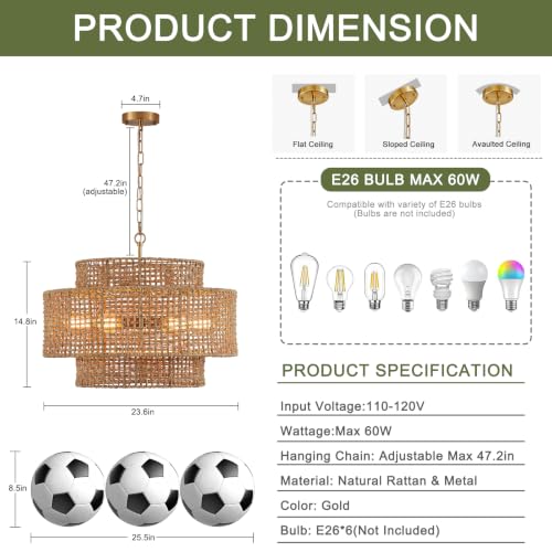 23.8" Gold Rattan Chandelier