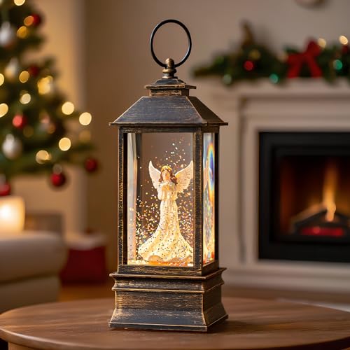 10'' Musical Snow Globe Lantern Lighted Angel with Dove Water Lantern Swirling Glittering Home Decoration and Gift
