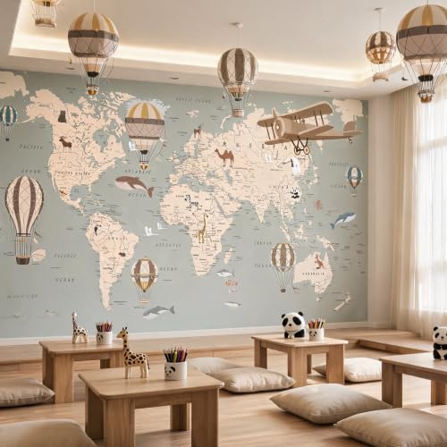 Animal Aircraft Map Peel and Stick Wallpaper for Kids Room