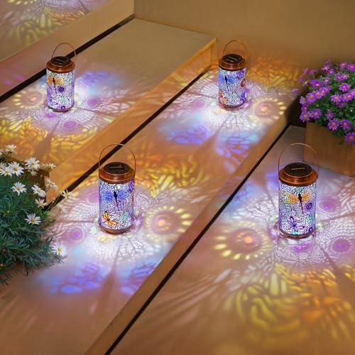 2Pack Solar Outdoor Lanterns Waterproof Multicolor Dragonfly Garden Gifts for Mom Women Backyard Lights Lanterns for Indoor (2 Count)