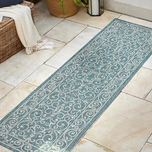Vintage Filigree Indoor Outdoor Runner Rug 2X8 Teal