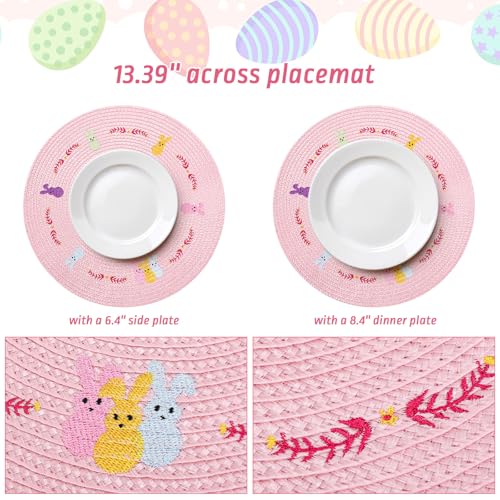 4Pcs Easter Bunny Round Placemats Pink Rabbit Embroidered Place Mats Spring Cute Kitchen Table Mats for Home Wedding Baby Shower Birthday Dinner Party Decor (4 Count)