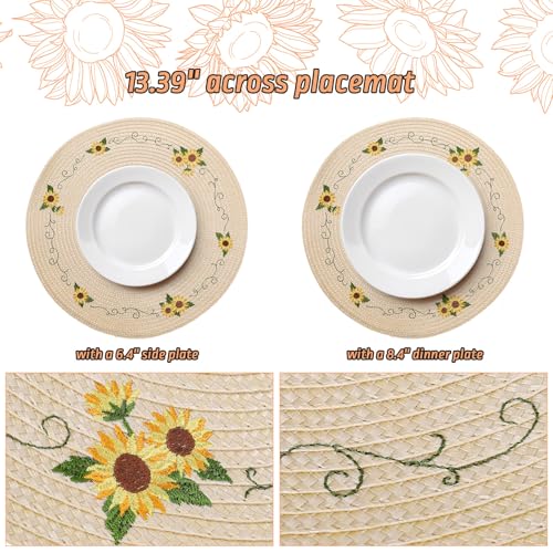 4Pcs Sunflower Embroidered Placemats Spring Summer Floral Round Place Mats Dinner Table Mats for Home Holiday Birthday Baby Shower Party Decor (4 Count)