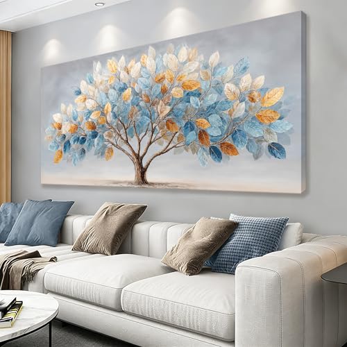 Large Canvas Wall Art Decor Blue Gold Nature Leaf Tree Canvas Art Wall Decor For Living Room Modern Botanical Wall Art Prints Gradient Color Tree Canvas Art For Bedroom Home Office Decor 24"×48"