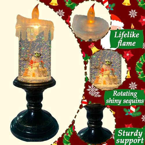 Christmas Flickering Flameless Candles Christmas Snow Globe Candle Light Swirling Water Glittering Spinning Candles with 6 Hours Timer for Home Christmas Gift Decorations