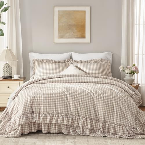 Tan Gingham Ruffle Comforter Set Queen Size
