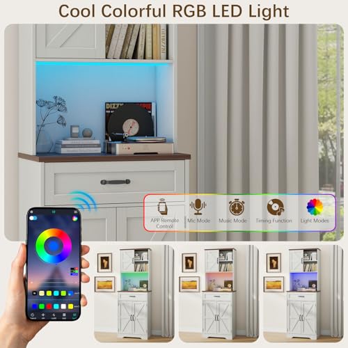 68" Farmhouse Storage Cabinet with LED Light & Charging Station