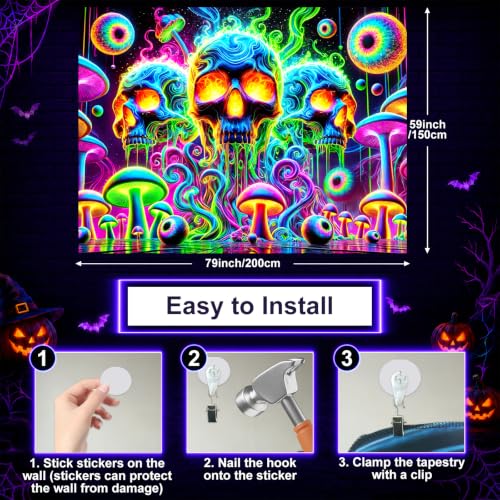 Blacklight Tapestry Skull Surreal Wall Art 78 x 59 Inch