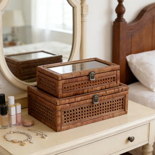 Set of 2 Rattan and Cane Stacking Boxes
