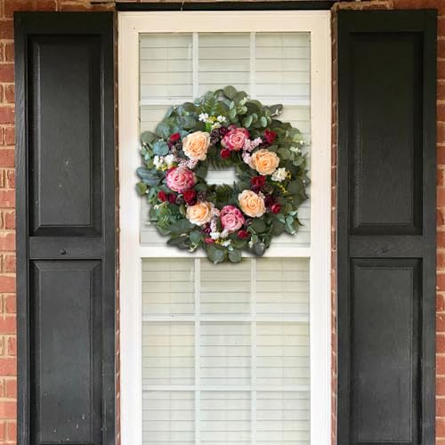 24 Inch Pink Champagne Rose Spring Wreath for Front Door