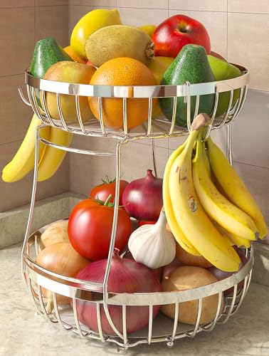 2 Tier Fruit Bowl for Kitchen Counter with Banana Hangers