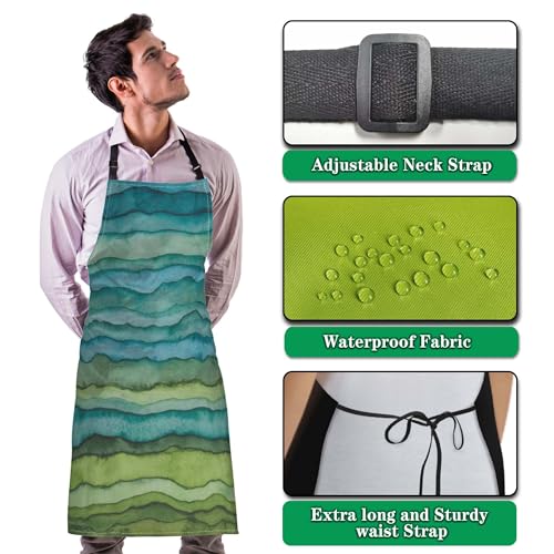 Garden Apron for Women Blue and Green Waves Cute Aprons for Men for Kitchen Cooking Restaurant BBQ Painting Crafting Gardening 27”