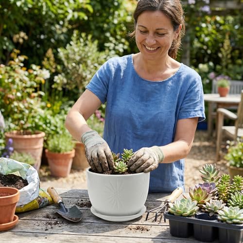 7 Inch Round White Ceramic Plant Pot with Drainage Hole and Attached Saucer
