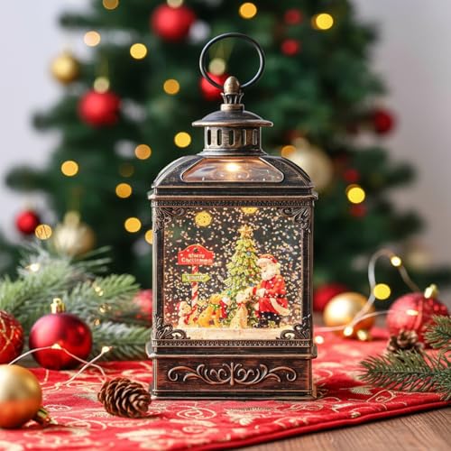 Christmas Snow Globe Lantern Water Glittering Santa Claus & Pups with Music & Timer
