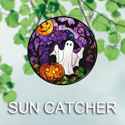 Stained Glass Window Hanging Halloween White Ghost Black Bat 9.8"