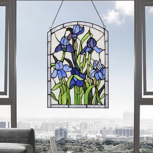 Iris Stained Glass Window Hanging 16" H x 11" W Tiffany Style Blue Rectangular Window Panel Suitable for Living Room Bedroom Kitchen Window Decoration Hangings with Chain