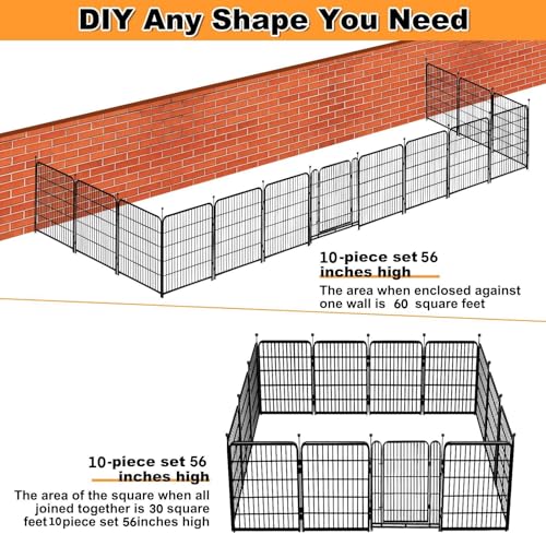 56in(H) Garden Fence, 10 Panels Total 22.1 Ft(L), Garden Fence with Low Threshold Gate, Anti Dig Fence Barrier, Fencing for Garden Beds, Black Metal Decorative Garden Fencing (10 Count)