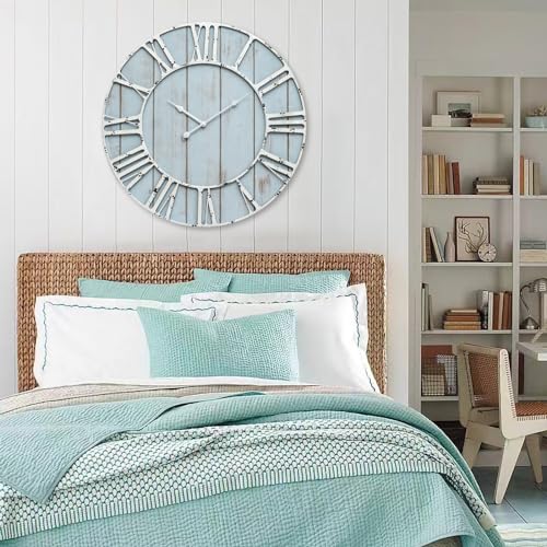 Large Farmhouse Wall Clock 24 Inch Vintage Blue Wooden Wall Clock with Quiet Ticking and Minimalist Roman Numerals for Bedroom Living Room Office Kitchen Home Decor