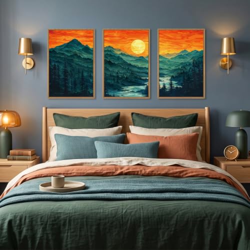 Boho Mountain Sunset Landscape Framed Canvas Wall Art