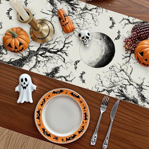 Halloween Table Runner Black Ghost Holiday Burlap Table Decoration Indoor Outdoor Home Decor Party Supply 13 x 72 Inch