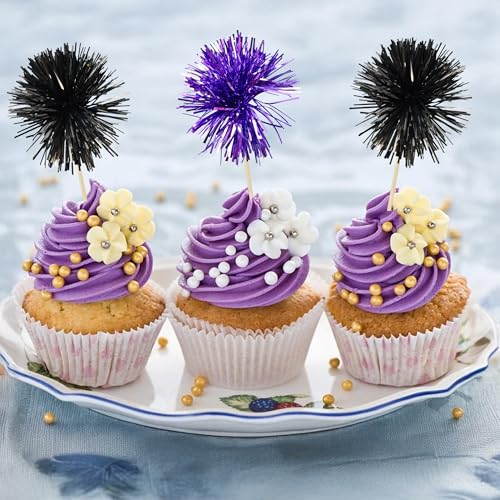 30Pcs Foil Firework Cupcake Toppers Sparkle Tinsel Cupcake Picks Happy Birthday Cake Decorations Drink Stirrers Cocktail Food Toothpicks for Baby Shower Graduation Party Supplies Black Purple (30 Count)