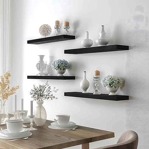 24 Inch Floating Shelves for Wall Rustic Black Wood Wall Shelves for Bedroom Set of 4 (4 Count)
