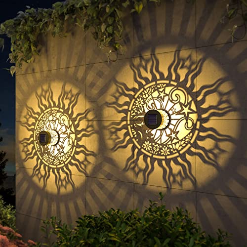 2 Pack Solar Fence Lights Metal Solar Powered Outdoor Wall Deck Lights Sun Moon Theme Waterproof Fence Light for Garden Post Patio Backyard Yard Decor (2 Count)