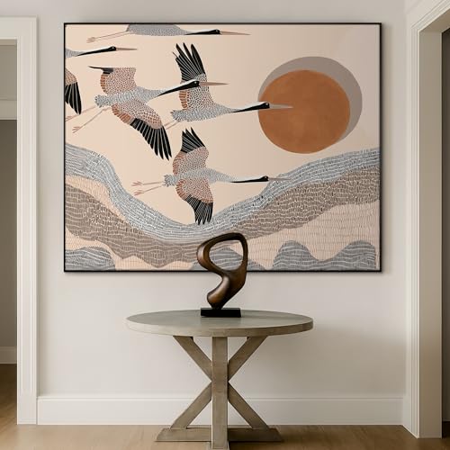 46"x60" Extra Large Framed Wall Art Flying Cranes Over Sunlit Hills Illustration for Home Living Room Bedroom Decor