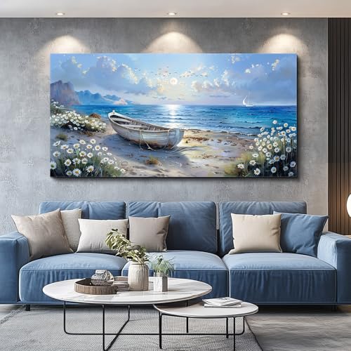 Large Canvas Wall Art For Living Room Wall Decor For Bedroom Office White Flower Seaside Landscape Printing Painting Restaurant Home Decorations Mural Poster Artwork Ready To Hang 30"X60"