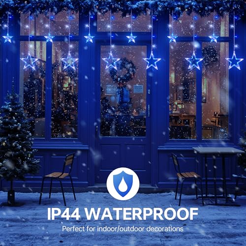 8.2FT 126L Blue White Christmas Star Icicle Curtain Lights Indoor (126 Count)