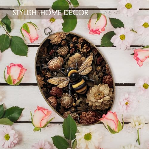 Vintage Dark Moody Bee Floral Oval Wall Art Decor Framed