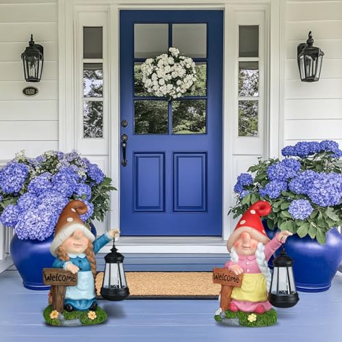 12.4” Solar Gnome Garden Statue with LED Lantern Welcome Sign Blue