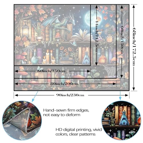 Dragon Bookshelf Tapestry Witchy Mushroom Bookshelf Tapestries Wall Hanging Gothic Medieval Fantasy Moon Dark Academia Book Extra Large Tapestry for Bedroom Living Room Dorm 90 x 68 inch