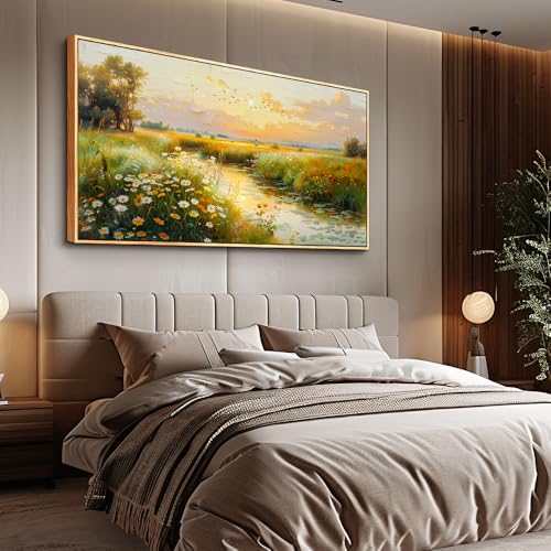 Wood Framed Canvas Wall Art For Living Room Large Wall Decor For Office Bedroom Decorations Pastoral Scenery Picture Water edge Painting Artwork Ready To Hang Home Decor 30x60 In
