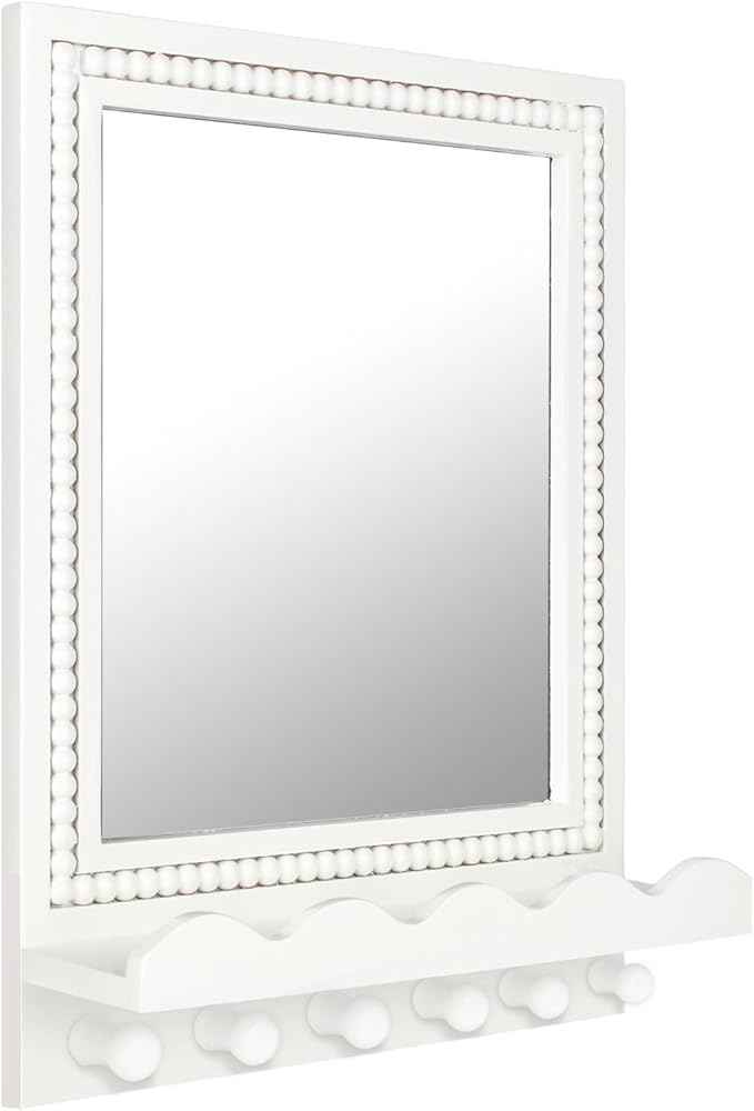 Tirzah 16x12 Inch Wall Mount Beaded Wood Framed Mirror with Shelf and 6 Hooks, White Decorative Entryway Mirror with Storage for Laundry Room, Bathroom, Bedroom