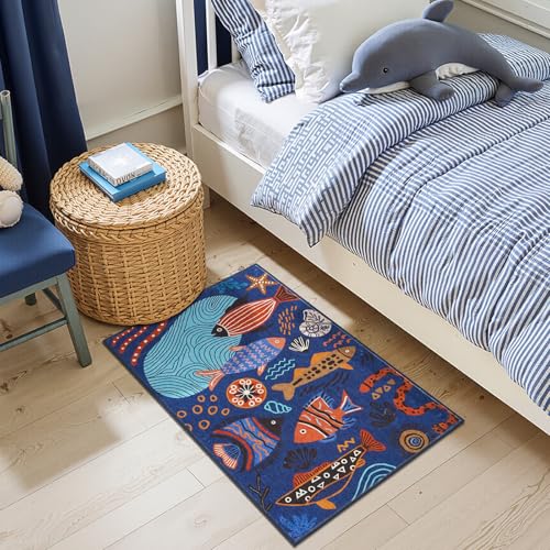 2x3 Coastal Area Rug Washable Kids Rug Colorful Ocean Fish Mat Blue (6 Sq Ft)