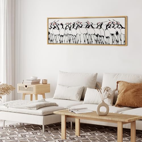 Large Framed Canvas Print Wall Art Minimalist Crane Flock Japanese Ink Style Bird Illustrations Decorative Colorful Multicolor for Bedroom