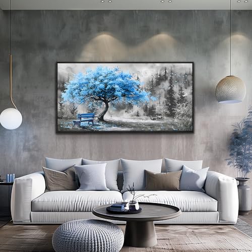 Large Black Framed Wall Decor For Living Room Canvas Wall Art For Office Modern Wall Decorations For Bedroom Blue Tree Landscape Paintings Black And White Pictures Home Decor 24x48 In